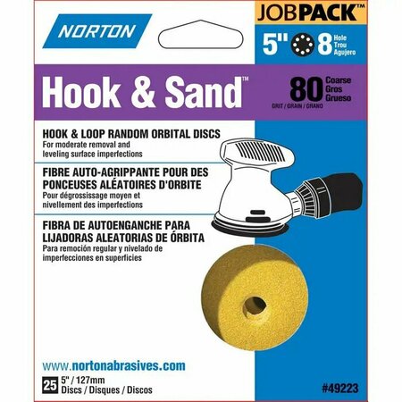 NORTON CO 5" Hook & Sand 8-Hole Sanding Disc, P80-Grit, PK 25 49223